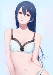 Rule 34 | 10s, 1girl, arms at sides, artist name, blue background, blue bra, blue hair, blue panties, bon nob, bra, breasts, cleavage, commentary request, hair between eyes, long hair, looking at viewer, love live!, love live! school idol project, navel, panties, simple background, small breasts, solo, sonoda umi, standing, underwear, underwear only, yellow eyes