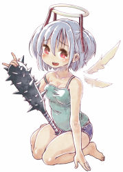 Rule 34 | 00s, 1girl, \m/, angel, angel wings, barefoot, blue hair, bokusatsu tenshi dokuro-chan, breasts, cleavage, club (weapon), halo, hantoumei namako, large breasts, mitsukai dokuro, open mouth, red eyes, simple background, smile, weapon, wings