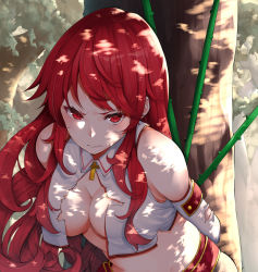 Rule 34 | 1girl, angry, arms behind back, bare shoulders, bound, bound arms, breasts, cleavage, clenched teeth, commentary request, cropped vest, dappled sunlight, detached sleeves, highres, leaning forward, long hair, looking at viewer, medium breasts, mikan (chipstar182), moeru! jiten, official art, outdoors, red eyes, red hair, restrained, shadow, solo, sunlight, teeth, torn clothes, torn vest, tree, tree shade, upper body, vest, wavy mouth, white sleeves, white vest