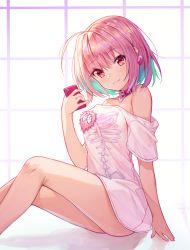 Rule 34 | 1girl, ahoge, bare shoulders, blue hair, blush, breasts, cellphone, collar, day, fang, heart, heart-shaped lock, heart on chest, highres, idolmaster, idolmaster cinderella girls, indoors, jewelry, looking at viewer, medium breasts, mokew, multicolored hair, naked shirt, off shoulder, phone, pink collar, pink eyes, pink hair, shirt, short hair, short sleeves, sitting, smartphone, smile, solo, t-shirt, two-tone hair, white shirt, window, yumemi riamu