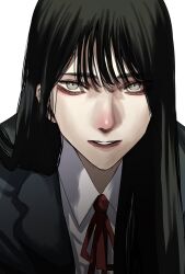 Rule 34 | 1girl, black hair, black jacket, choppy bangs, collared shirt, commentary request, grey eyes, highres, hoshi san 3, jacket, long hair, looking at viewer, neck ribbon, open mouth, original, red ribbon, ribbon, shirt, simple background, solo, underwear, white background, white shirt
