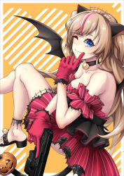 Rule 34 | 1girl, animal ears, arm up, bare shoulders, bell, black choker, black wings, blue eyes, blush, border, breasts, cat ears, choker, closed mouth, collarbone, dress, fake animal ears, finger to cheek, foot out of frame, girls&#039; frontline, gloves, gun, h&amp;k mark 23, hair ornament, halloween, halloween costume, handgun, highres, holding, holding gun, holding weapon, legs, light brown hair, long hair, looking at viewer, medium breasts, mk23 (girls&#039; frontline), mk23 (impish sweetheart) (girls&#039; frontline), multicolored hair, nakiusagi, neck bell, official alternate costume, on floor, one eye closed, red dress, red gloves, sandals, smile, solo, streaked hair, tiara, weapon, white border, wings, yellow background