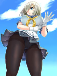 Rule 34 | 10s, 1girl, adjusting clothes, adjusting gloves, ass, black pantyhose, blue eyes, blue panties, blue skirt, blush, breasts, closed mouth, cloud, day, from below, gloves, gusset, hair ornament, hair over one eye, hairclip, hamakaze (kancolle), highres, kantai collection, large breasts, neckerchief, panties, panties under pantyhose, pantyhose, pantyshot, pleated skirt, school uniform, serafuku, short hair, short sleeves, silver hair, skirt, sky, solo, standing, underbust, underwear, urase shioji, white gloves, yellow neckerchief