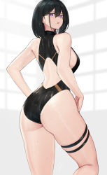 Rule 34 | 1girl, bare shoulders, black hair, black one-piece swimsuit, blush, breasts, hayabusa (vert 320), highleg, highleg swimsuit, highres, large breasts, looking at viewer, looking back, mole, mole on back, mole under eye, one-piece swimsuit, open mouth, original, purple eyes, short hair, solo, swimsuit, thigh strap, wet