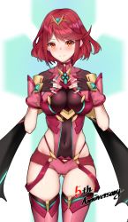 Rule 34 | 1girl, black gloves, breasts, chest jewel, circlet, covered navel, fingerless gloves, gloves, hands on own chest, highres, hip vent, large breasts, looking at viewer, matrix16, orange eyes, pyra (xenoblade), red hair, short hair, skindentation, smile, solo, thigh gap, thighs, xenoblade chronicles (series), xenoblade chronicles 2