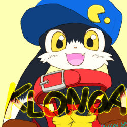 Rule 34 | animal ears, blue hat, character name, collar, crossover, gloves, happy, hat, kaze no klonoa, klonoa, male focus, name tag, pac-man, pac-man (game), shoes, simple background, solo, teeth, text focus, uzu (bluecalx), yellow background, yellow eyes, yellow gloves