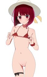 Rule 34 | 1girl, absurdres, areola slip, arima kana, bar censor, bare arms, bare shoulders, bikini, black bow, bob cut, bottomless, bow, censored, cleft of venus, closed mouth, collarbone, coro fae, cowboy shot, curvy, dot nose, fingernails, flashing, flat chest, gluteal fold, halterneck, hat, highres, inverted bob, long fingernails, looking at viewer, nail polish, navel, nipples, no pupils, oshi no ko, purple nails, pussy, red bikini, red eyes, red hair, red scrunchie, scrunchie, short hair, simple background, skindentation, standing, stomach, sun hat, sweat, swimsuit, thigh strap, thighs, wavy mouth, white background, white headwear, wrist scrunchie