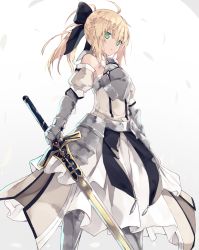 Rule 34 | 1girl, :o, ahoge, armor, armored boots, armored dress, artoria pendragon (all), artoria pendragon (fate), black bow, blonde hair, blush, boots, bow, caliburn (fate), commentary request, dress, fate/unlimited codes, fate (series), gauntlets, green eyes, hair between eyes, hair bow, highres, holding, holding sword, holding weapon, long hair, nagishiro mito, parted lips, ponytail, saber lily, sidelocks, solo, standing, sword, weapon, white dress