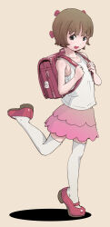 Rule 34 | 1girl, android, backpack, bag, bare shoulders, black jack (series), brown hair, full body, grey eyes, hair ornament, highres, mary janes, open mouth, pink skirt, pinoko, randoseru, shirt, shoes, short hair, skirt, smile, solo, standing, standing on one leg, sukabu, thighhighs, white shirt, white thighhighs, zettai ryouiki