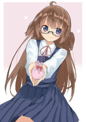 Rule 34 | 1girl, ahoge, amemiya sekira, blue dress, blush, brown hair, closed mouth, collared shirt, commentary request, dress, dutch angle, gift, green-framed eyewear, heart, highres, holding, holding gift, long hair, long sleeves, neck ribbon, original, outstretched arms, pinafore dress, pink background, pleated dress, purple eyes, red ribbon, ribbon, sekira ame, semi-rimless eyewear, shirt, sleeveless, sleeveless dress, smile, solo, two-tone background, two side up, under-rim eyewear, very long hair, white background, white shirt