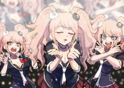 Rule 34 | 3girls, bear hair ornament, black choker, black shirt, blonde hair, blue eyes, blush, bow, breasts, choker, cleavage, commentary request, danganronpa: trigger happy havoc, danganronpa (series), enoshima junko, facing viewer, hair ornament, hands up, leaning forward, long hair, long tongue, looking at another, miniskirt, multiple girls, multiple persona, nail polish, necktie, red nails, red skirt, school uniform, shirt, skirt, sleeves rolled up, smile, tongue, tongue out, tsunemi aosa, twintails, umapyoi densetsu, v-shaped eyebrows