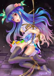 Rule 34 | 1girl, arms behind back, bdsm, black thighhighs, blue hair, bondage, bound, breasts, crotch rope, feet, female focus, food, food as clothes, fruit, hat, hinanawi tenshi, motatei, nipples, panties, peach, pussy juice, red eyes, rope, saliva, solo, thighhighs, touhou, underwear, white panties
