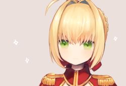 Rule 34 | 10s, 1girl, ahoge, beige background, blush, braid, closed mouth, fate/extra, fate (series), french braid, hair intakes, hair ribbon, looking at viewer, munuko, nero claudius (fate), nero claudius (fate) (all), nero claudius (fate/extra), portrait, red ribbon, ribbon, sidelocks, simple background, solo, sparkle, upper body