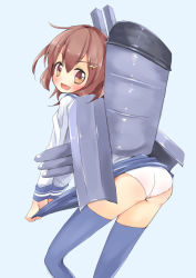 Rule 34 | 10s, 1girl, aiba kou, ass, black thighhighs, blush, brown eyes, brown hair, clothes lift, fang, hair ornament, hairclip, ikazuchi (kancolle), kantai collection, lifted by self, looking at viewer, open mouth, panties, personification, school uniform, serafuku, short hair, skirt, skirt lift, skirt tug, smile, solo, thighhighs, underwear, white panties
