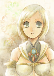 Rule 34 | 00s, 1girl, ashelia b&#039;nargin dalmasca, bare shoulders, blue eyes, blue gemstone, breasts, brooch, detached sleeves, expressionless, final fantasy, final fantasy xii, gem, gradient background, jewelry, long hair, looking at viewer, medium breasts, no pupils, parted lips, portrait, red gemstone, sailor collar, solo, upper body