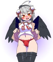 Rule 34 | 1girl, ahoge, black hair, black wings, blush, breasts, brown jacket, cannsk, clothes pull, commentary request, cowboy shot, fundoshi, gluteal fold, gradient hair, grey hair, hair ornament, indie virtual youtuber, jacket, japanese clothes, medium breasts, mole, mole under eye, multicolored hair, navel, open mouth, panties, pants, pants pull, pom pom (clothes), pom pom hair ornament, red fundoshi, red panties, sailor collar, sailor shirt, shirt, smile, solo, underwear, virtual youtuber, white sailor collar, wings, yamada konoha