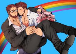 Rule 34 | 2boys, absurdres, alternate costume, aqua background, arm around shoulder, ass, bara, beard, bespectacled, black-framed eyewear, black pants, black suit, blue eyes, blush, bouquet, brown hair, carrying, chest hair, closed eyes, collared shirt, commission, couple, cross scar, dark-skinned male, dark skin, embarrassed, face-to-face, facial hair, fate/grand order, fate (series), flower, flustered, formal, glasses, goatee, highres, holding, holding bouquet, holding hands, holmy (holmesdmode), husband and husband, iskandar (fate), jewelry, large pectorals, lgbt pride, long sideburns, male focus, mature male, multiple boys, muscular, muscular male, napoleon bonaparte (fate), pants, partially unbuttoned, pectoral cleavage, pectoral docking, pectoral press, pectorals, princess carry, rainbow, raised eyebrow, red hair, ring, scar, scar on chest, second-party source, shirt, short hair, sideburns, smile, suit, thick thighs, thighs, wedding, wedding ring, white suit, yaoi