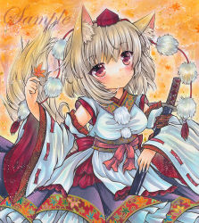 Rule 34 | 1girl, animal ear fluff, animal ears, autumn leaves, back bow, bow, breasts, corset, detached sleeves, frilled skirt, frills, hat, head tilt, holding, holding leaf, inubashiri momiji, katana, leaf, leaf print, light brown hair, looking at viewer, marker (medium), medium breasts, outdoors, pom pom (clothes), print corset, print skirt, purple skirt, red bow, red eyes, red hat, red ribbon, red tassel, ribbon, ribbon-trimmed sleeves, ribbon trim, rui (sugar3), sample watermark, sheath, sheathed, shirt, skirt, sleeveless, sleeveless shirt, solo, sword, tail, tassel, tokin hat, touhou, traditional media, tree, watermark, weapon, white shirt, wolf ears, wolf tail
