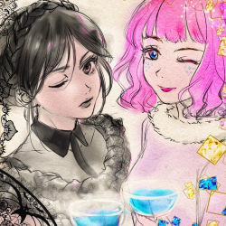 Rule 34 | 2girls, addams family, animification, black hair, braid, cocktail glass, cup, dress, drinking glass, enid sinclair, french braid, frilled dress, frills, goth fashion, hasunesirusi, medium hair, multiple girls, official alternate costume, one eye closed, pink hair, sparkle print, wednesday (netflix), wednesday addams
