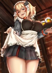 Rule 34 | 1girl, :d, absurdres, alcohol, apron, apron lift, azur lane, beer, beer can, black skirt, blonde hair, breasts, brown eyes, can, chushou wang, clothes lift, commentary request, drink can, frilled apron, frills, from above, hair between eyes, head tilt, headgear, highres, holding, holding tray, indoors, large breasts, lifted by self, long sleeves, looking at viewer, looking down, maid apron, maid headdress, multicolored hair, open mouth, pleated skirt, red hair, roon (azur lane), short hair, skirt, smile, solo, standing, streaked hair, thighs, tray, waist apron, white apron