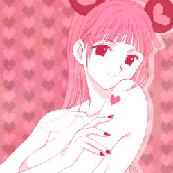 Rule 34 | 16 ban, 1girl, breasts, collarbone, drop shadow, hair behind ear, hair ornament, hand on own arm, hand up, heart, heart background, heart tattoo, hunter x hunter, long hair, looking at viewer, lowres, monochrome, nail polish, nude, sheila (hunter x hunter), smile, solo, tattoo, upper body