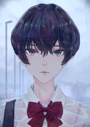 Rule 34 | 1girl, androgynous, bag, black eyes, black hair, bow, bowtie, bra, close-up, expressionless, freckles, hair between eyes, highres, kaoming, lamppost, looking at viewer, original, outdoors, parted lips, school bag, school uniform, short hair, solo, underwear, wet, wet clothes, wet hair