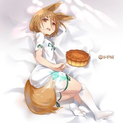 Rule 34 | 1girl, animal ears, blonde hair, chinese commentary, commentary, fairyfloss, fox ears, fox girl, fox shadow puppet, fox tail, frown, green ribbon, highres, kudamaki tsukasa, looking at viewer, mooncake, on bed, ribbon, socks, solo, tail, touhou, white socks, yellow eyes