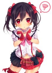 Rule 34 | 10s, 1girl, bad id, bad pixiv id, black hair, blush, bokura wa ima no naka de, bow, earrings, gloves, hair bow, idol, jewelry, looking at viewer, love live!, love live! school idol project, navel, red eyes, rinndouk, short hair, solo, spoken squiggle, squiggle, thighhighs, twintails, white background, yazawa nico