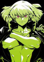 Rule 34 | 1boy, black background, crossed arms, earrings, eye trail, gloves, green theme, highres, jacket, jacket on shoulders, jewelry, light trail, lio fotia, male focus, promare, purple eyes, signature, smile, takatsuki ichi, topless male