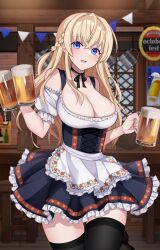 Rule 34 | 1girl, :d, alcohol, apron, bar (place), beer, beer mug, black thighhighs, blonde hair, blue eyes, blush, breasts, choker, cleavage, commission, cowboy shot, cross-laced clothes, cross-laced dress, cup, dirndl, frills, german clothes, highres, holding, holding cup, indoors, large breasts, long hair, looking at viewer, mug, oktoberfest, open mouth, original, ribbon choker, skeb commission, smile, solo, thighhighs, tobio illust, waist apron