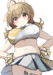 Rule 34 | 1girl, absurdres, ahoge, belly, blonde hair, blue archive, blush, breasts, cheerleader, cleavage, cowboy shot, detached collar, hair between eyes, halo, halterneck, highres, holding, holding pom poms, kotori (blue archive), kotori (cheer squad) (blue archive), large breasts, long hair, looking at viewer, midriff, millennium cheerleader outfit (blue archive), navel, official alternate costume, pleated skirt, plump, pom pom (cheerleading), pom poms, red eyes, short twintails, simple background, skirt, smile, solo, teruriu, twintails, white skirt, yellow halo