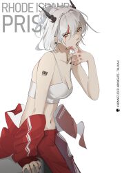 Rule 34 | 1girl, absurdres, arknights, arm tattoo, artist name, text background, barcode, barcode tattoo, bare shoulders, black nails, blood, blood on face, blood on hands, breasts, character name, cleavage, closed mouth, collarbone, copyright name, cowboy shot, dragon horns, earrings, english text, grey hair, hand on own face, highres, horns, jacket, jewelry, khrnnfz, long sleeves, looking at viewer, medium breasts, nail, navel, open clothes, open jacket, orange eyes, pants, photoshop (medium), red jacket, red pants, short hair, solo, sports bra, talulah (arknights), tattoo