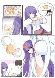 Rule 34 | 1boy, 1girl, absurdres, anger vein, angry, black shirt, blue eyes, bowl, broken egg, closed eyes, closed mouth, comic, commentary request, cup, egg, egg (food), egg yolk, eggshell, fate/grand order, fate (series), food, fork, fried egg, fujimaru ritsuka (male), hands up, heart, high kick, highres, holding, holding egg, holding utensil, kicking, knife, long hair, meltryllis (fate), no panties, no pants, plate, purple hair, shirt, silent comic, star (symbol), sweatdrop, table, trembling, very long hair, white shirt, yoosai