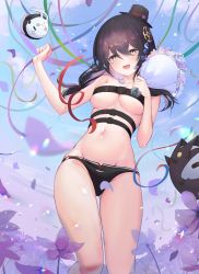 Rule 34 | 1girl, :d, artist request, bare arms, bare shoulders, belt, belt bra, bikini, bikini bottom only, black bikini, black hair, black hat, bouquet, breasts, cleavage, elsword, eve (2nas) (elsword), eve (elsword), facial mark, flower, gluteal fold, hair ornament, hands up, hat, highres, holding, long hair, looking at viewer, medium breasts, moby (elsword), multiple belts, navel, open mouth, purple flower, remy (elsword), skindentation, smile, solo, stomach, swimsuit, thighs, top hat, yellow eyes