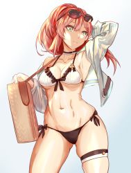 Rule 34 | 1girl, aiuti, bag, bikini, breasts, choker, cleavage, collarbone, cowboy shot, eyewear on head, girls&#039; frontline, green eyes, highres, jacket, long hair, looking at viewer, medium breasts, mismatched bikini, official alternate costume, open clothes, open jacket, ponytail, r93 (girls&#039; frontline), r93 (holiday lucky star) (girls&#039; frontline), red hair, side-tie bikini bottom, solo, sunglasses, swimsuit, thigh strap, white jacket
