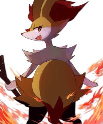 Rule 34 | animal ear fluff, animal ears, animal nose, arms at sides, black fur, blurry, braixen, creatures (company), depth of field, fang, feet out of frame, fire, fox ears, fox tail, from behind, furry, game freak, gen 6 pokemon, highres, holding, holding stick, kou11021301, looking at viewer, looking back, multicolored fur, nintendo, open mouth, pokemon, red eyes, red fur, red nose, skin fang, slit pupils, smile, solo, stick, symbol-only commentary, tail, tsurime, white background, white fur, yellow fur