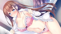 Rule 34 | 1girl, :&lt;, bikini, blouse, blue eyes, blush, bra, breasts, brown hair, center frills, cleavage, closed mouth, coffee cat, collarbone, collared shirt, cowboy shot, dutch angle, embarrassed, frilled shirt, frills, from side, game cg, indoors, kanojo wa tenshi de imouto de, large breasts, long hair, long sleeves, navel, no pants, non-web source, open clothes, open shirt, panties, pink bra, pink panties, reflection, shirt, solo, standing, stomach, swimsuit, thighs, underwear, very long hair, white shirt