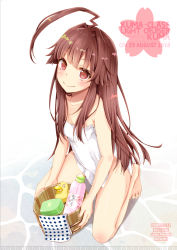 Rule 34 | 10s, 1girl, 2017, ahoge, artist name, bad id, bad pixiv id, bare shoulders, barefoot, body blush, brown eyes, brown hair, bucket, character name, dated, highres, huge ahoge, kantai collection, kuma (kancolle), long hair, looking at viewer, mitsuru (habihapi), naked towel, rubber duck, shampoo bottle, sidelocks, smile, solo, towel