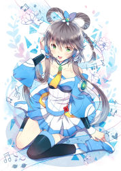 Rule 34 | 1girl, bare shoulders, beamed quavers, boots, braid, detached collar, detached sleeves, domotolain, flat sign, flower, green eyes, grey hair, hair ornament, hair rings, heart, kneehighs, long hair, low twintails, luo tianyi, musical note, necktie, open mouth, petals, quaver, sharp sign, short hair with long locks, single kneehigh, single sock, single thighhigh, sitting, smile, socks, solo, sparkle, staff (music), thighhighs, treble clef, twintails, vocaloid, vocanese, wariza