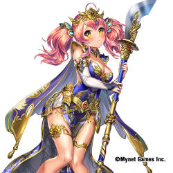 Rule 34 | 1girl, ahoge, blue cape, blush, breasts, bridal gauntlets, cape, china dress, chinese clothes, cleavage, company name, dress, esphy, frown, gold trim, hair ornament, headpiece, jewelry, knees together feet apart, looking at viewer, naginata, official art, pink hair, polearm, sangoku infinity, simple background, small breasts, solo, standing, thighlet, twintails, weapon, white background, yellow eyes