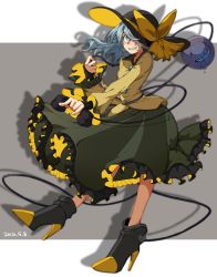 Rule 34 | 1girl, blouse, blue eyes, boots, bow, dated, ear piercing, frills, full body, grin, hair over one eye, hat, hat bow, high heel boots, high heels, highres, komeiji koishi, long hair, long sleeves, looking at viewer, namataro, phone, piercing, shirt, silhouette, silver hair, skirt, smile, solo, third eye, touhou, wide sleeves