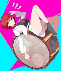Rule 34 | 1girl, absurdres, arm up, black footwear, breasts, closed mouth, collared shirt, drum, drumsticks, full body, highres, holding, horikawa raiko, instrument, jacket, long sleeves, looking at viewer, lying, medium breasts, multicolored background, necktie, on back, open clothes, open jacket, purple necktie, red eyes, red hair, sakaki (utigi), shirt, shoes, short hair, skirt, smile, solo, touhou, white jacket, white skirt