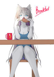 Rule 34 | 1girl, animal ear fluff, animal ears, animal nose, blue camisole, blue eyes, blush, body fur, camisole, collarbone, colored inner hair, cup, dog ears, dog girl, english text, food, furry, furry female, grey fur, grey hair, highres, holding, holding food, long hair, mug, multicolored hair, open mouth, original, panties, purple hair, purple shorts, shorts, sitting, solo, striped clothes, striped panties, table, underwear, very long hair, white background, yongen yu