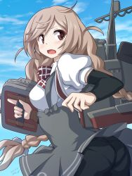 Rule 34 | 1girl, 547th sy, arm warmers, ass, blue sky, blush, bow, bowtie, braid, breasts, brown eyes, cannon, cloud, cloud hair ornament, cloudy sky, day, gradient hair, grey skirt, hair between eyes, highres, kantai collection, light brown hair, long hair, looking at viewer, looking to the side, low twin braids, medium breasts, minegumo (kancolle), multicolored hair, open mouth, outdoors, panties under shorts, plaid, plaid bow, plaid bowtie, plaid neckwear, pleated skirt, red bow, red bowtie, red eyes, shirt, skirt, sky, smokestack, solo, suspender skirt, suspenders, turret, twin braids, upper body, white shirt