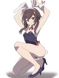 Rule 34 | 1girl, alternate costume, animal ears, arms up, bare shoulders, black footwear, black leotard, blush, bow, bowtie, breasts, brown hair, closed mouth, commentary, detached collar, embarrassed, fake animal ears, frown, full body, high heels, highres, kneeling, kono subarashii sekai ni shukufuku wo!, leotard, looking at viewer, megumin, motion lines, noyama takenoko, playboy bunny, rabbit ears, red bow, red bowtie, red eyes, shiny skin, short hair with long locks, simple background, small breasts, solo, strapless, strapless leotard, sweatdrop, thighs, v-shaped eyebrows, white background, white wrist cuffs