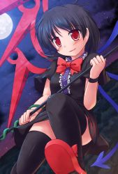 Rule 34 | 1girl, asymmetrical wings, black hair, black thighhighs, blush, bow, female focus, full moon, highres, holding, houjuu nue, leg up, lzh, moon, night, red eyes, smile, solo, thighhighs, touhou, wings