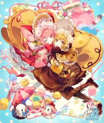Rule 34 | 2girls, :o, artist name, balloon, bird, black gloves, blonde hair, blue background, blush, blush stickers, bonnet, boots, bow, cake, cape, chick, chicken, chinese zodiac, cloak, cross-laced footwear, egg, feathers, flower, food, food-themed hair ornament, food on head, fruit, gloves, hair ornament, happy new year, heart balloon, holding hands, interlocked fingers, japanese clothes, kimono, knee boots, lace-up boots, leggings, long sleeves, looking at viewer, looking to the side, multiple girls, new year, object on head, one eye closed, original, pantyhose, peach, pink eyes, pink hair, pink ribbon, polka dot, polka dot background, ribbon, short kimono, smile, strawberry, text focus, welchino, whip, white legwear, year of the rooster, yellow eyes
