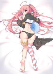 Rule 34 | 1girl, :p, absurdres, ahoge, ass, back, barefoot, black nails, black panties, blue eyes, bridal garter, bursting ass, butt crack, clothing cutout, commentary request, crop top, dakimakura (medium), full body, highres, konbu (hida123), long hair, long sleeves, looking at viewer, lying, milim nava, nail polish, no pants, on stomach, panties, pink hair, pointing, pointing at self, revision, rimuru tempest, shoulder cutout, side-tie panties, single bare shoulder, single thighhigh, skindentation, slime (creature), striped clothes, striped thighhighs, tensei shitara slime datta ken, thick thighs, thighhighs, thighs, tongue, tongue out, top-down bottom-up, twintails, underwear, v-shaped eyebrows, very long hair