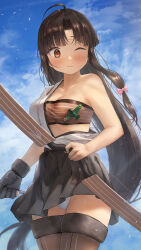 Rule 34 | 1girl, ahoge, aircraft, airplane, bandeau, black hair, black hakama, blush, bow (weapon), breasts, brown eyes, brown hair, closed mouth, cloud, cloudy sky, day, gloves, hachimaki, hadanugi dousa, hair ribbon, hakama, hakama short skirt, hakama skirt, headband, highres, indoors, japanese clothes, kantai collection, kimono, long hair, looking at viewer, low-tied long hair, medium breasts, one eye closed, open clothes, open kimono, panties, partially fingerless gloves, partly fingerless gloves, pleated skirt, ponytail, ribbon, shouhou (kancolle), skirt, sky, smile, solo, thighhighs, toka (marchlizard), underwear, weapon, white panties, yugake