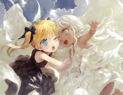 Rule 34 | 2girls, ;d, ;o, absurdres, aged down, black dress, black ribbon, blonde hair, blue eyes, blue sky, blush, bob (biyonbiyon), cloud, cloudy sky, day, dress, green eyes, hair between eyes, hair ribbon, highres, long hair, looking at another, multiple girls, one eye closed, open mouth, original, outdoors, ribbon, silver hair, sky, smile, teeth, twintails, white dress